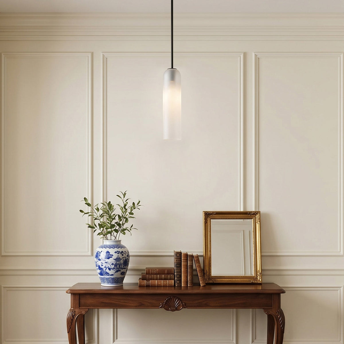 Lampa Wisząca Cylindryczna ze Szklanym Kloszem Dmuchanym Ręcznie