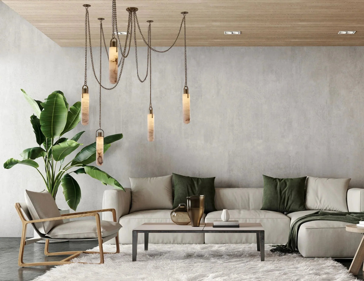 Lampa Wisząca Art Deco z Alabastrowym Kloszem i Złotym Łańcuchem