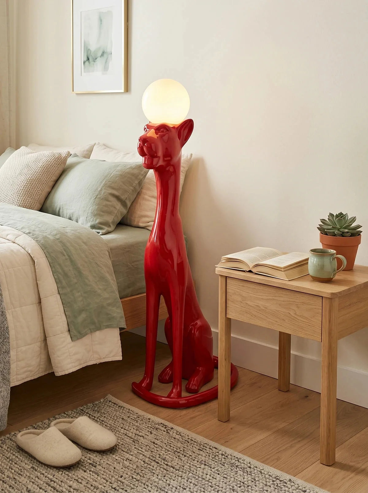 Lampa Podłogowa Art Deco z Figurą Pantery i Kloszem Kulistym