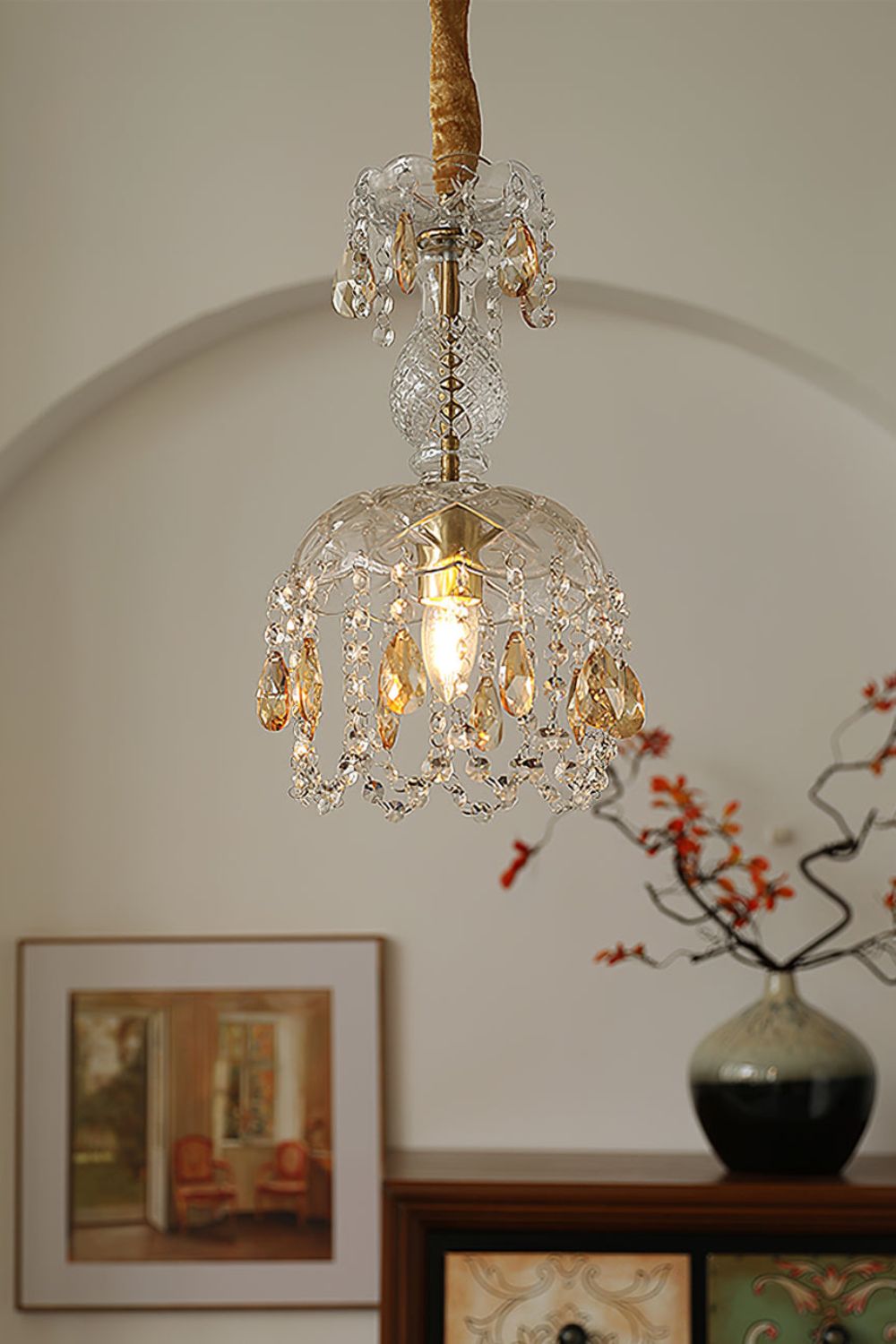 Lampa Wisząca Glamour z Kryształami i Szklanym Kloszem w Stylu Art Deco