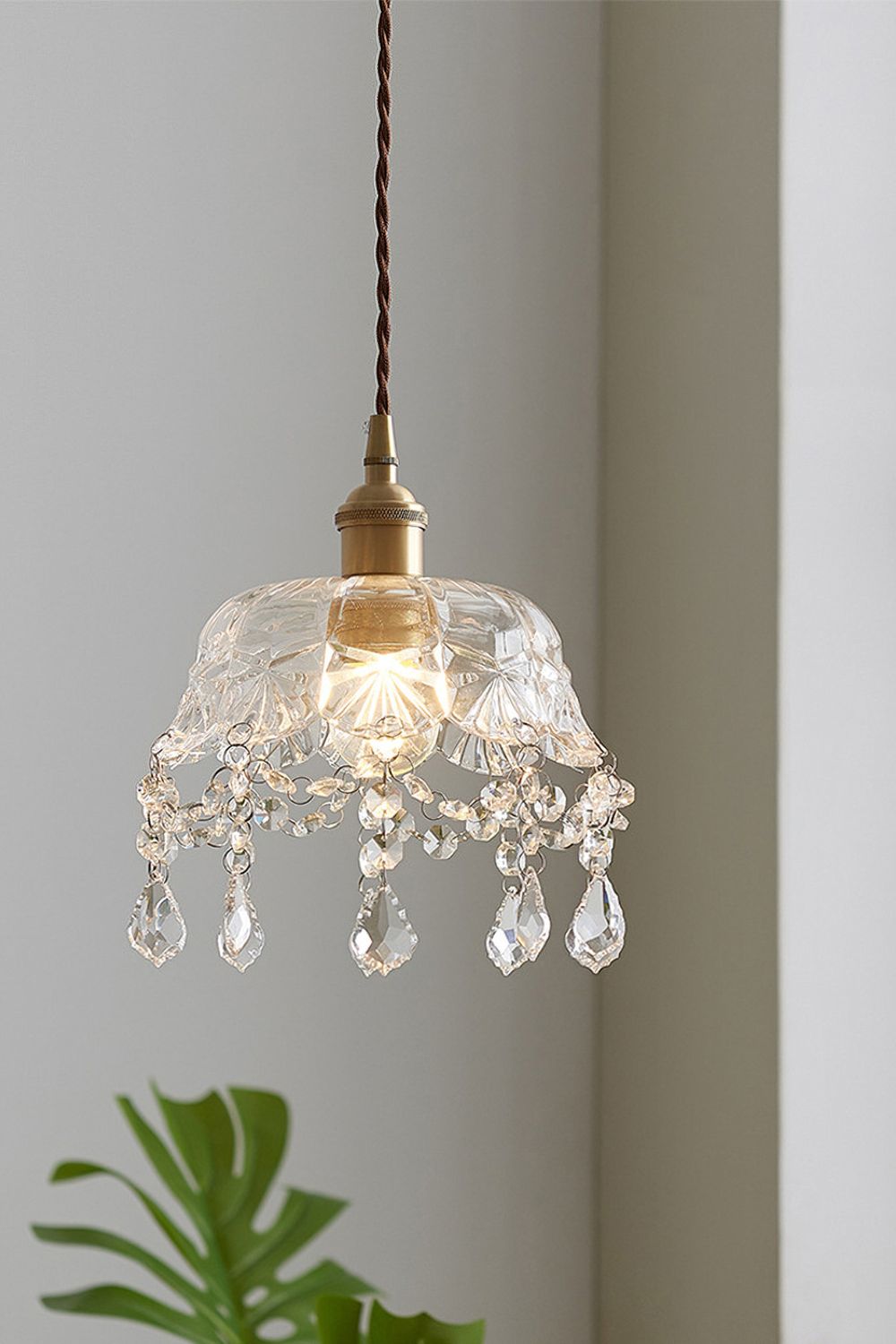 Lampa Wisząca Vintage z Kryształowymi Zawieszkami i Szklanym Kloszem