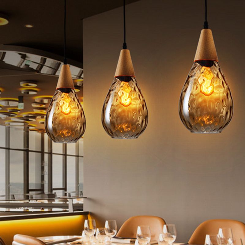 Lampa Wisząca Vintage ze Szklanym Kloszem w Kształcie Kropli i Drewnianym Mocowaniem