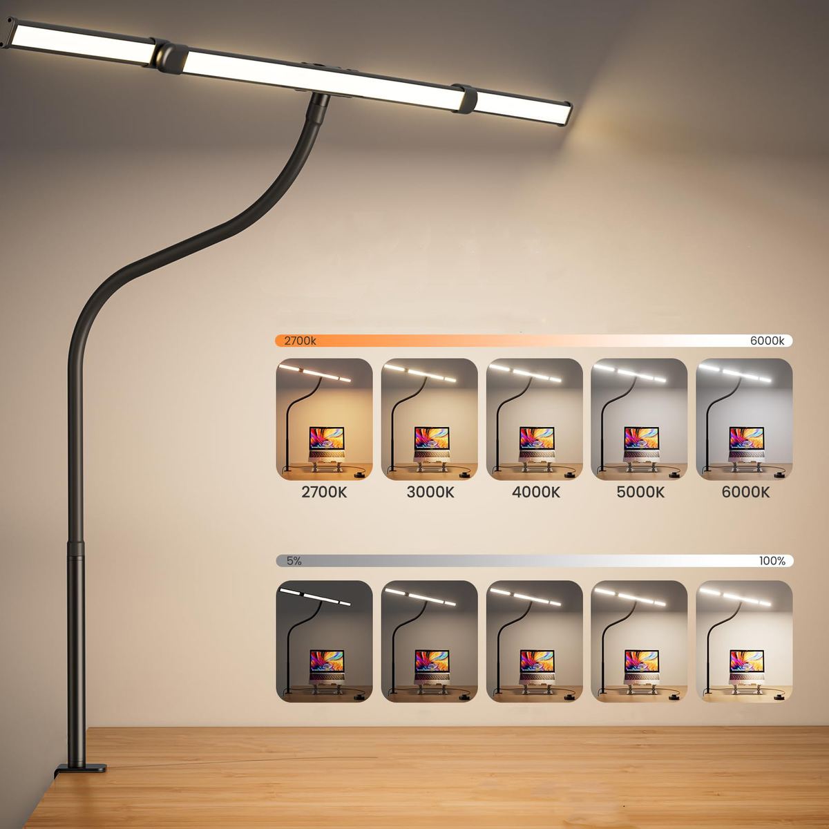 Lampa Biurkowa LED z Trzema Panelami i Klipsem