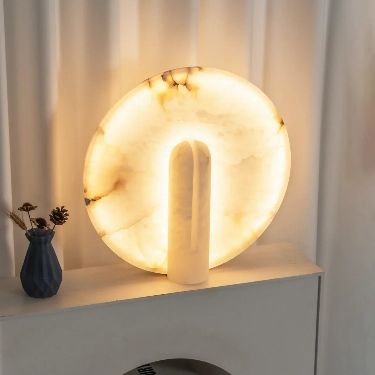 Lampa Stołowa Alabastrowa Okrągła z Dyskiem
