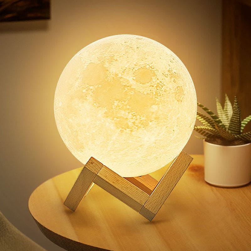Lampa Stołowa Księżyc z Drewnianą Podstawą i Dotykowym Sterowaniem