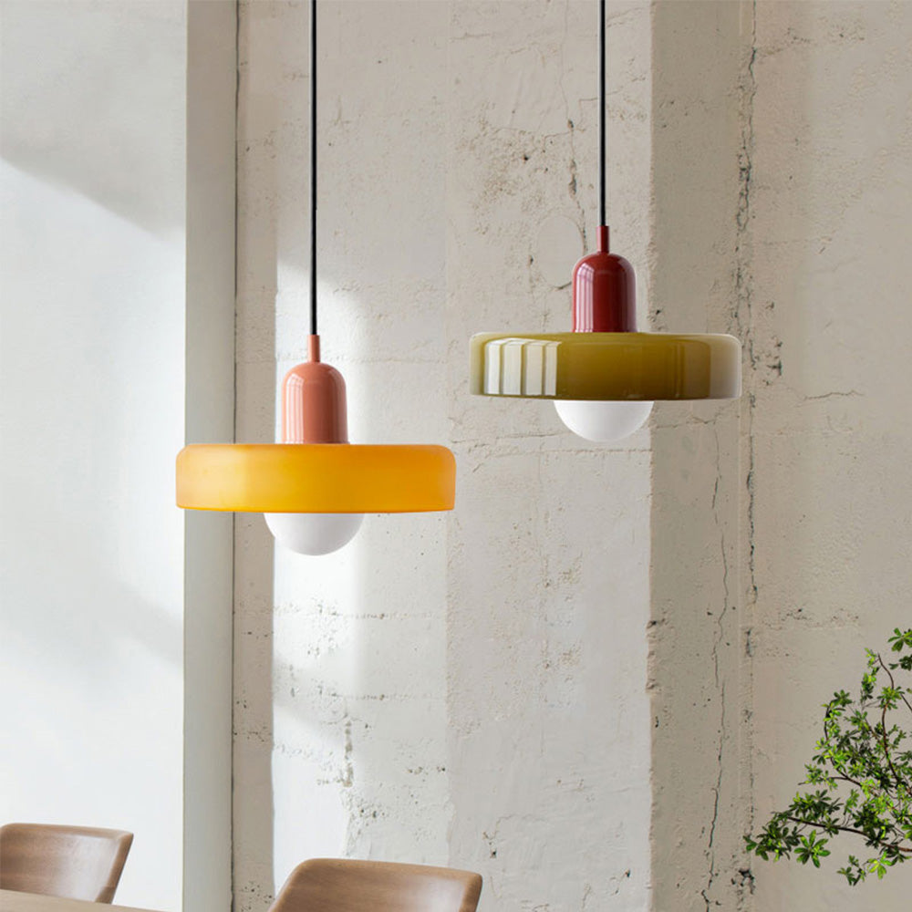 Lampa Wisząca Szklana z Kolorowym Kloszem i Metalowym Detalem
