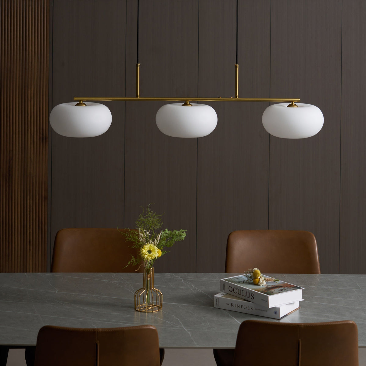 Lampa Wisząca Liniowa z Trzema Mlecznymi Kloszami - 6