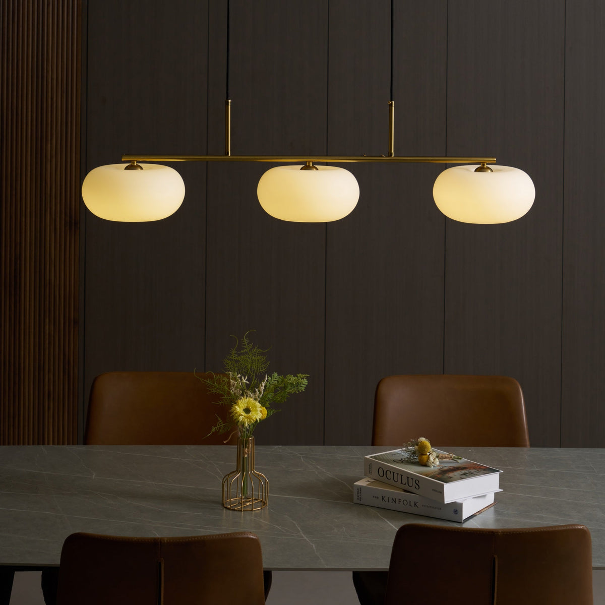 Lampa Wisząca Liniowa z Trzema Mlecznymi Kloszami - 5