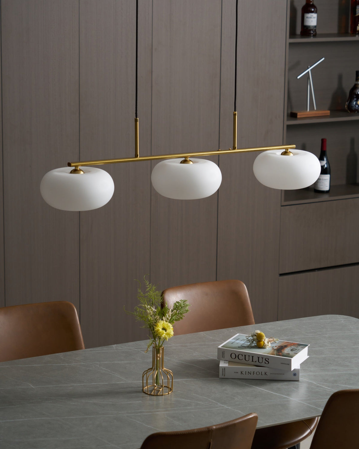 Lampa Wisząca Liniowa z Trzema Mlecznymi Kloszami - 11