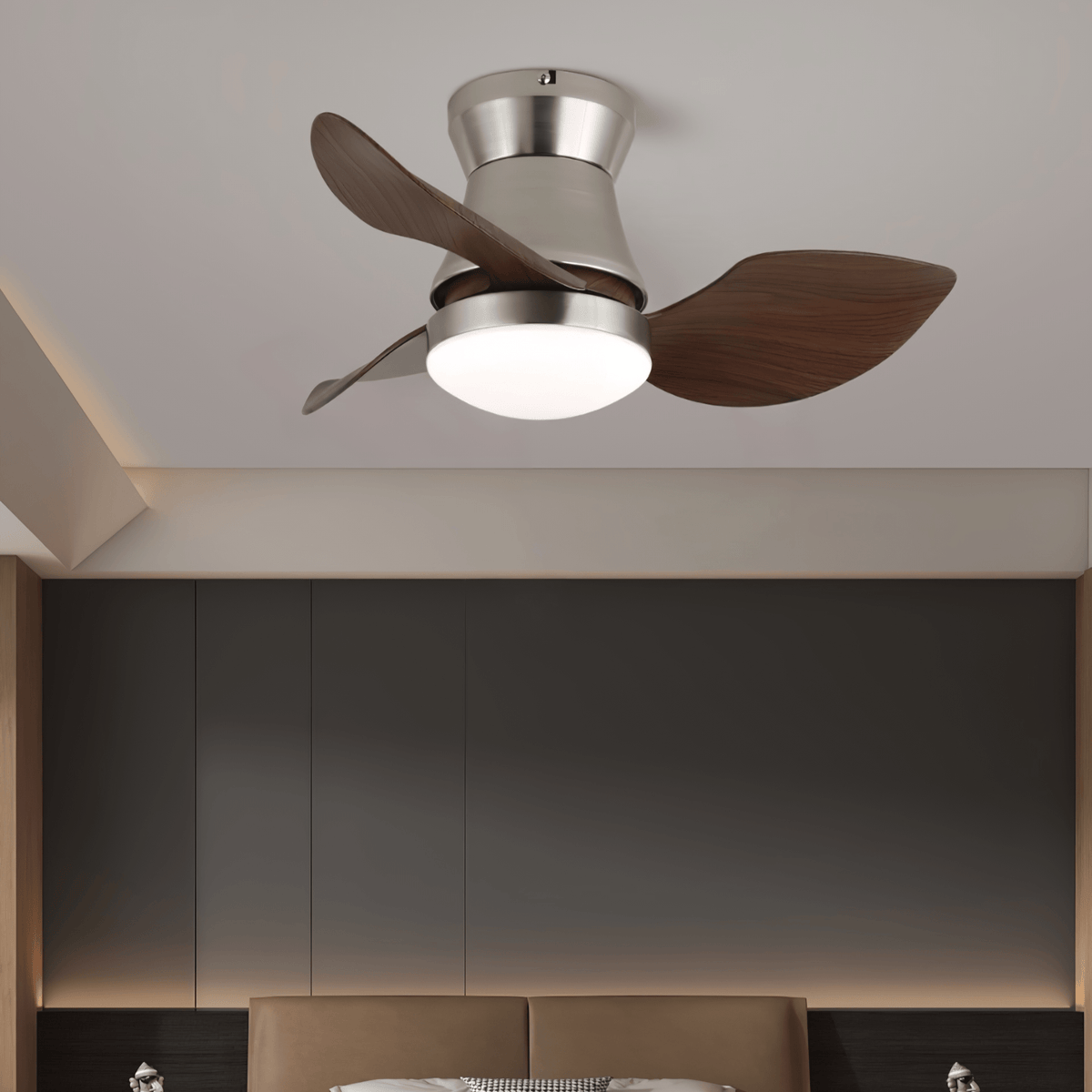 Wentylator Sufitowy z Oświetleniem LED Nikiel i Orzech 60 Cm