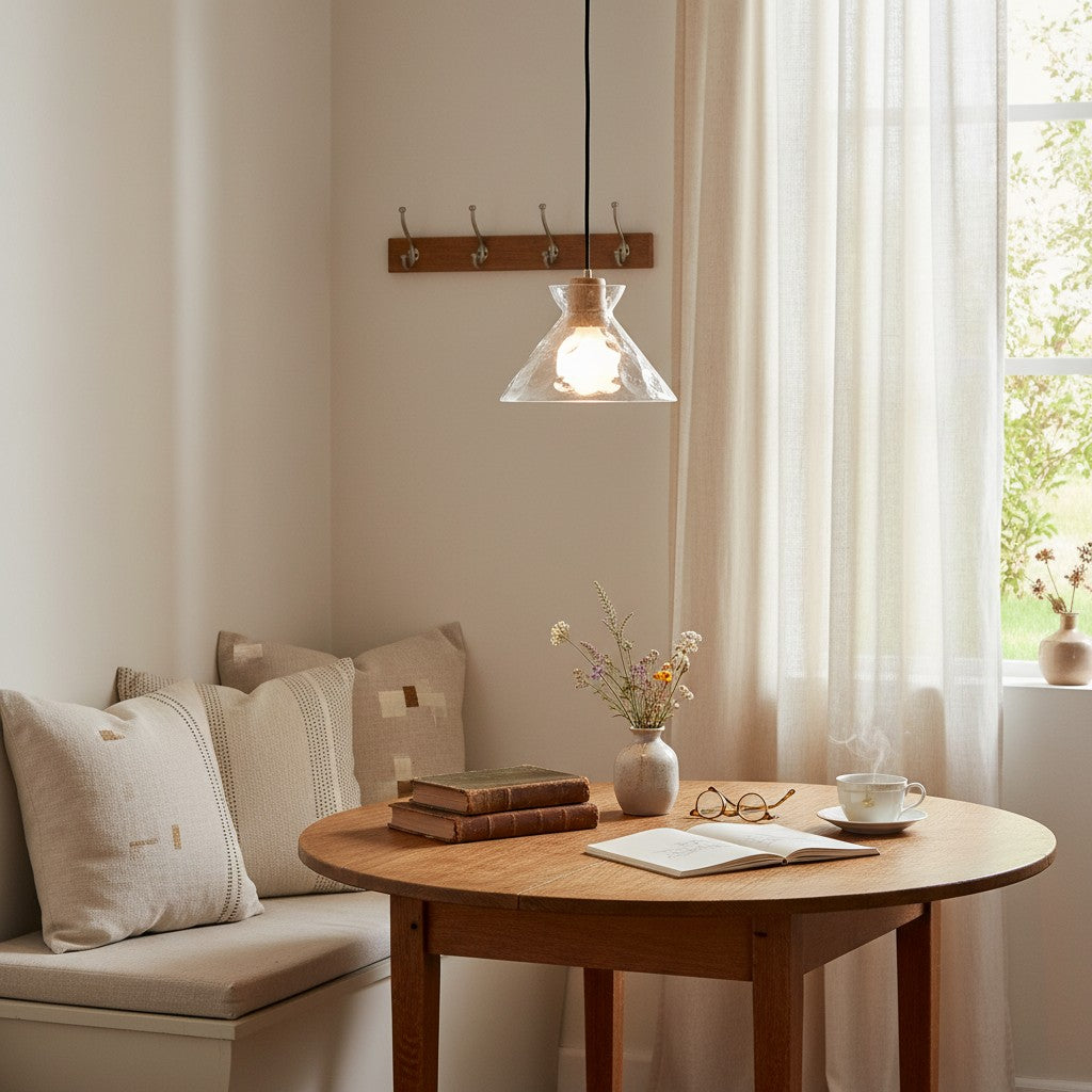 Lampa Wisząca z Młotkowanego Szkła z Drewnianymi Akcentami - 11