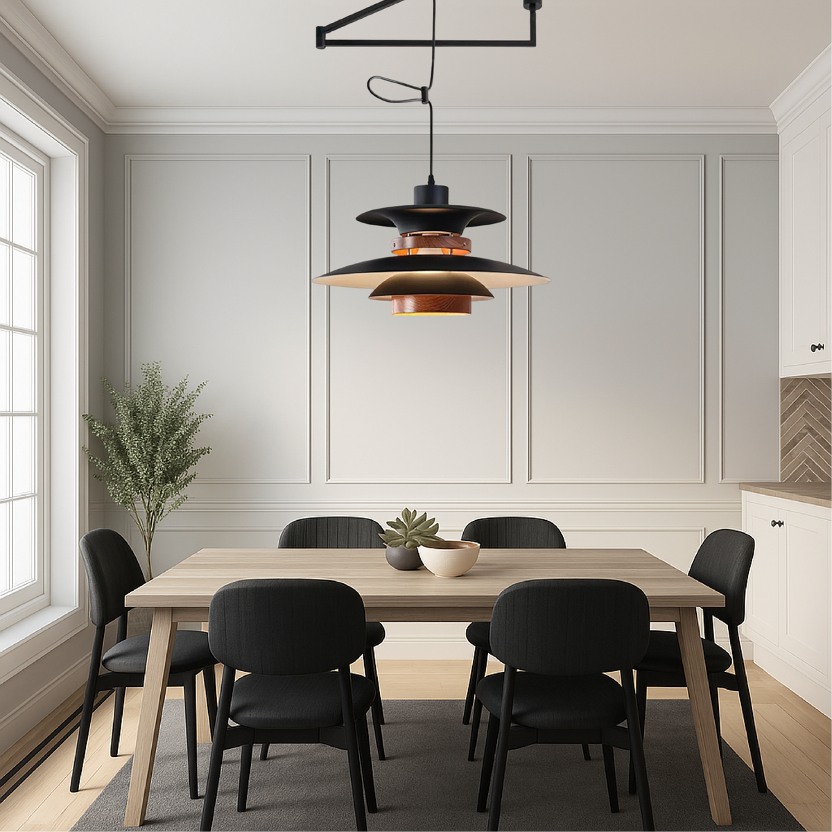 Lampa Wisząca na Wysięgniku z Metalu i Drewna, Cztery Klosze