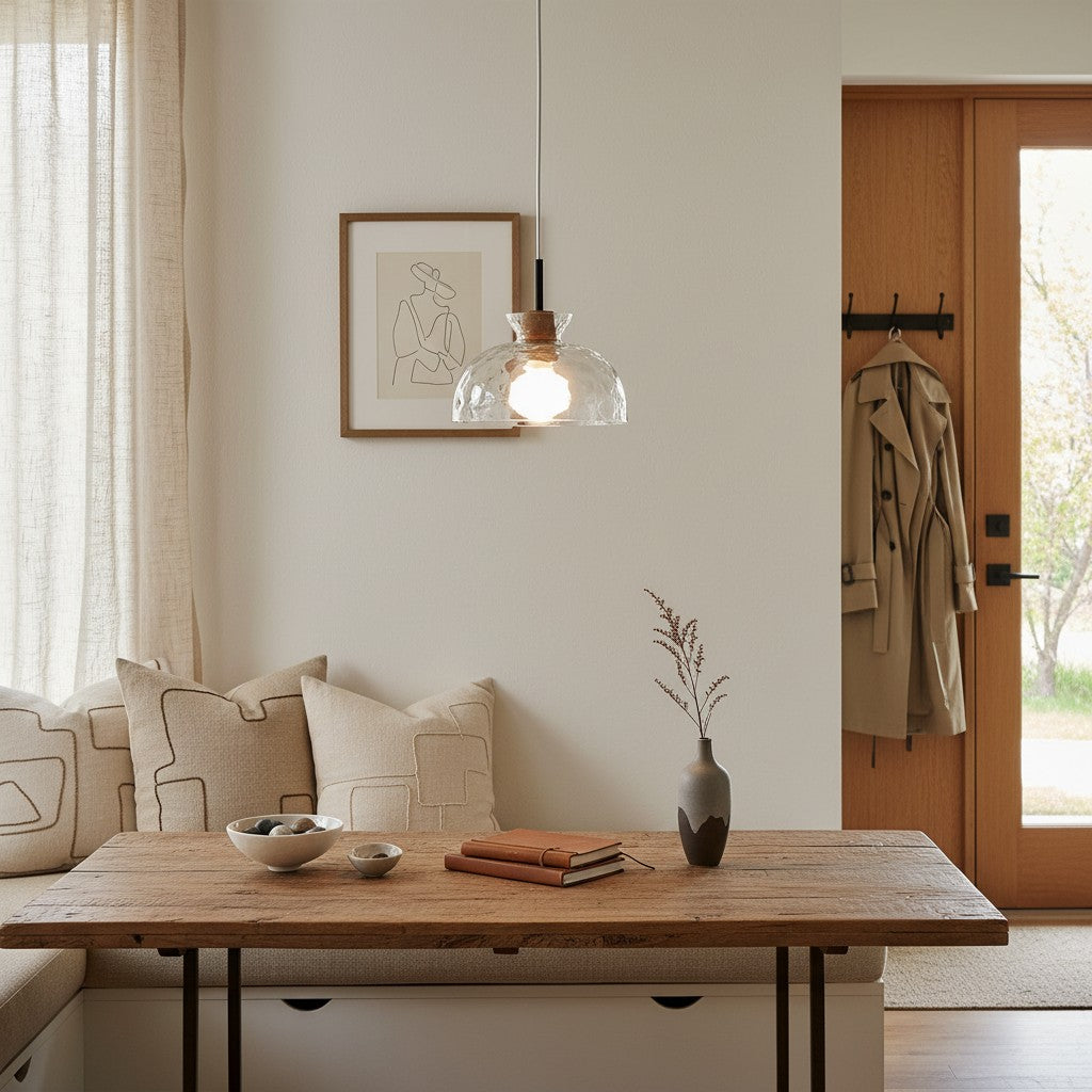 Lampa Wisząca z Młotkowanego Szkła z Drewnianymi Akcentami - 8