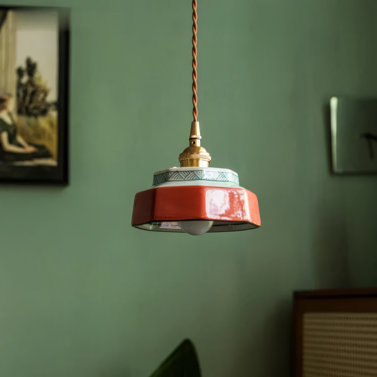 Lampa Wisząca Ceramiczna z Miedzianym Mocowaniem - Wypalona glina