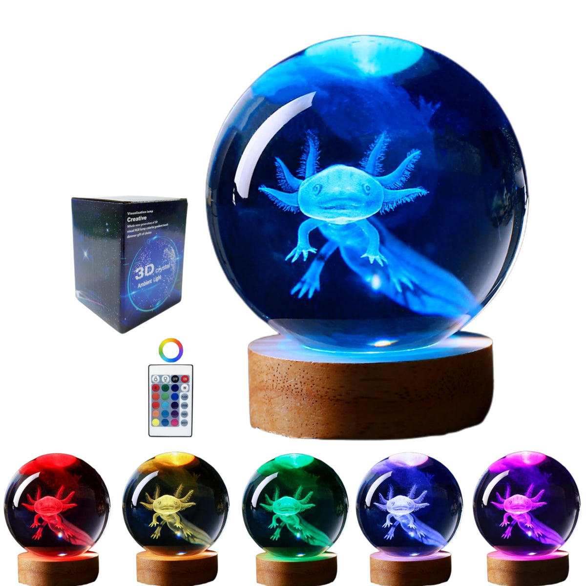 Lampka Nocna 3D z Kryształowym Aksolotlem i Drewnianą Podstawą - 2