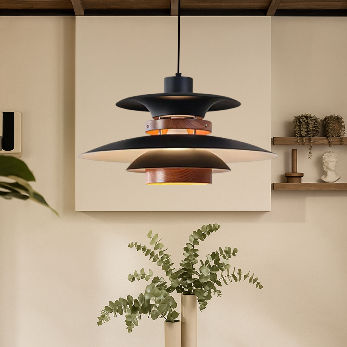 Lampa Wisząca na Wysięgniku z Metalu i Drewna, Cztery Klosze - 2