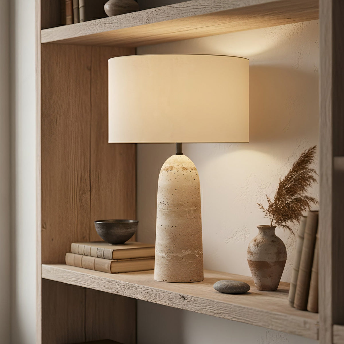 Lampa Stołowa Trawertynowa z Beżowym Lnianym Kloszem - 3