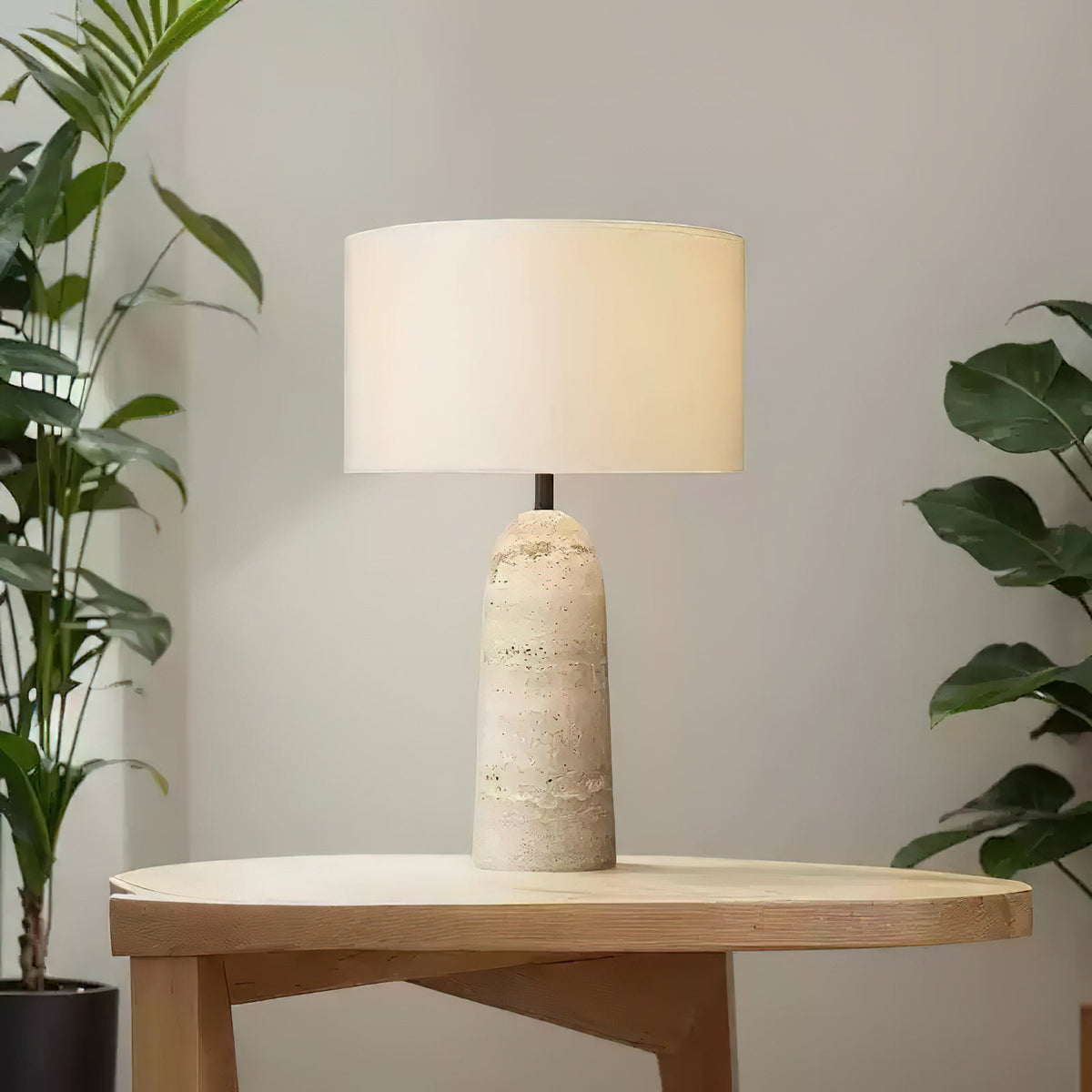 Lampa Stołowa Trawertynowa z Beżowym Lnianym Kloszem - 7