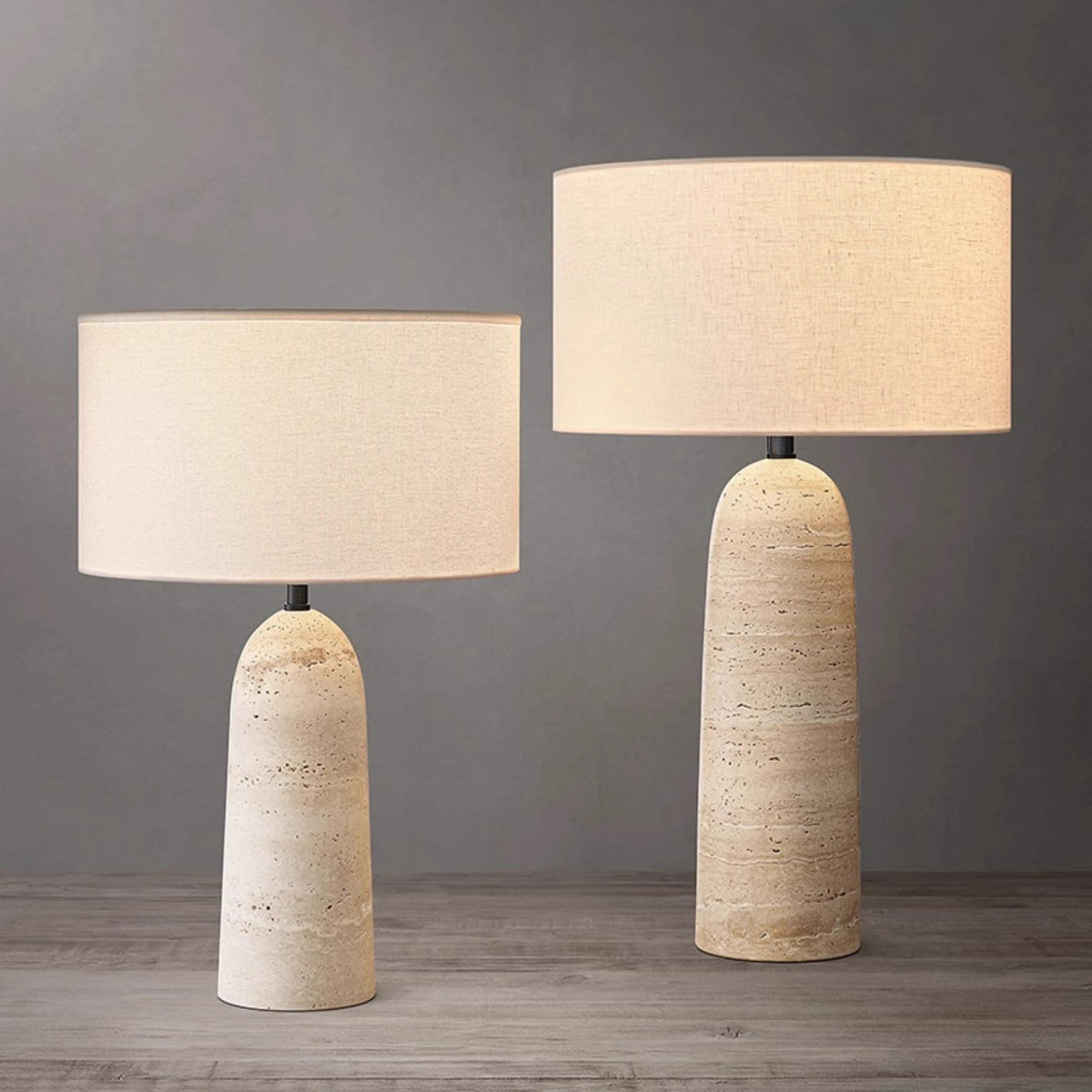 Lampa Stołowa Trawertynowa z Beżowym Lnianym Kloszem - 11