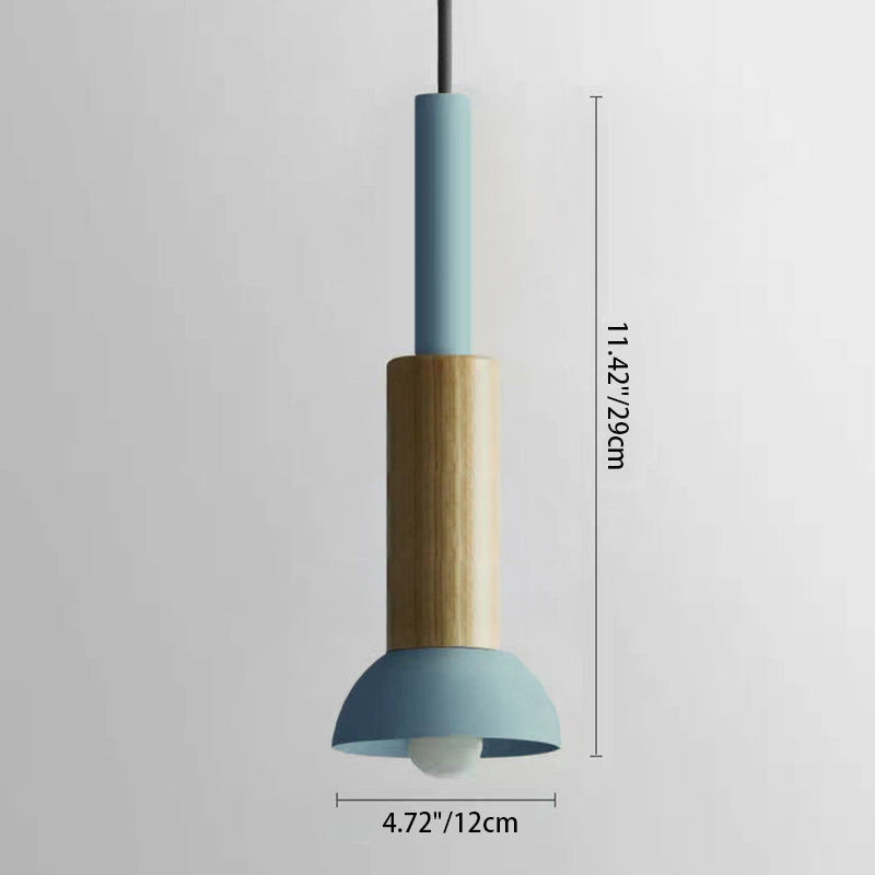 Lampa Wisząca Skandynawska Drewniana z Kolorowym Metalowym Kloszem - 7