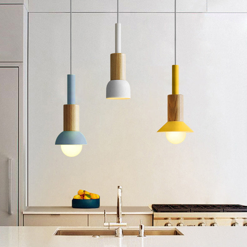 Lampa Wisząca Skandynawska Drewniana z Kolorowym Metalowym Kloszem - 13