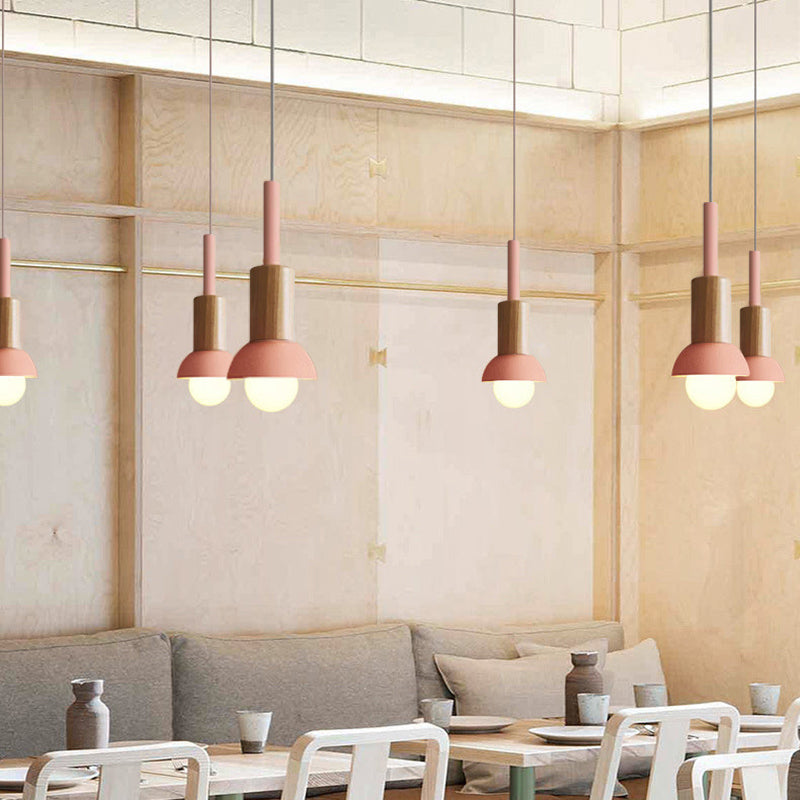 Lampa Wisząca Skandynawska Drewniana z Kolorowym Metalowym Kloszem - 11