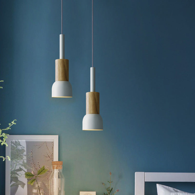Lampa Wisząca Skandynawska Drewniana z Kolorowym Metalowym Kloszem - 10