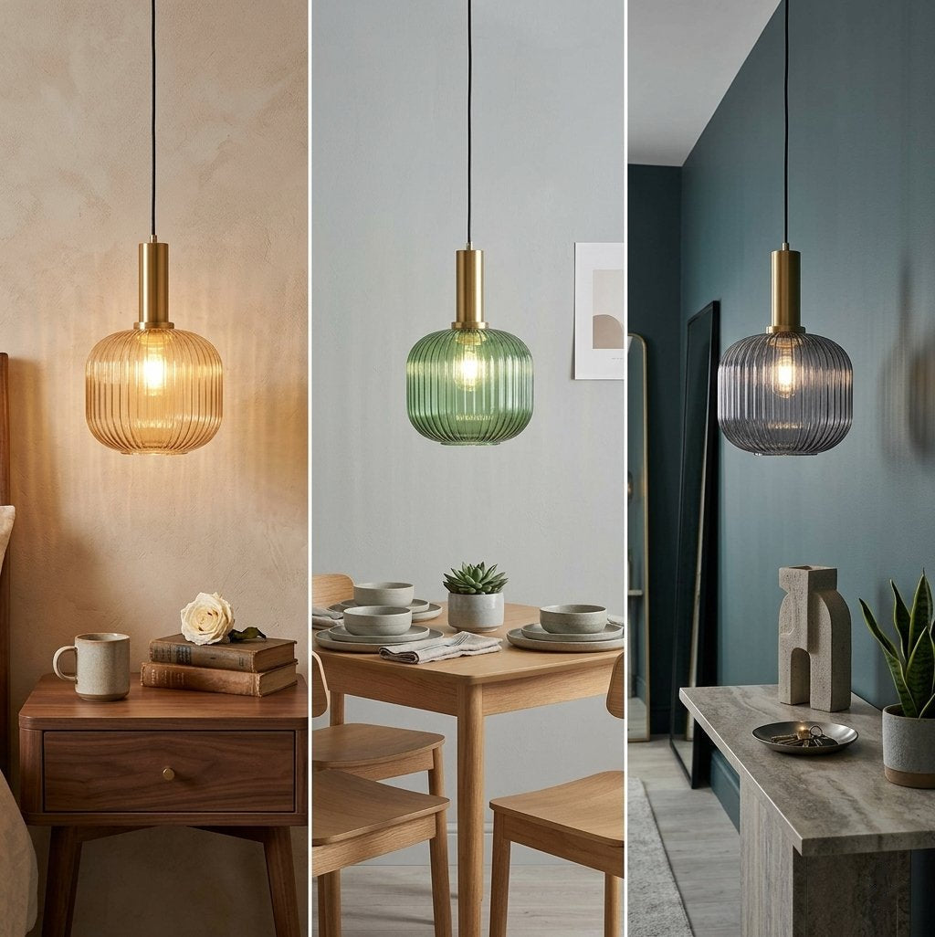 Lampa Wisząca Rustykalna z Żebrowanym Szklanym Kloszem