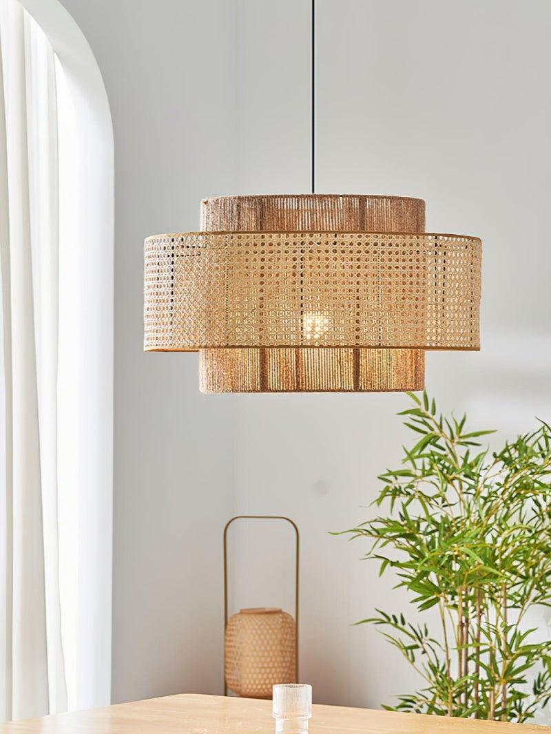 Lampa Wisząca Rattanowa z Abażurem z Liny Konopnej Japandi