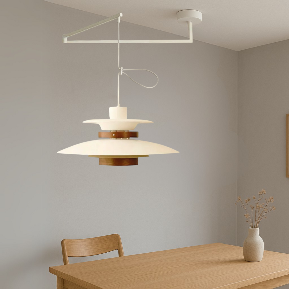 Lampa Wisząca na Wysięgniku z Metalu i Drewna, Cztery Klosze - 9