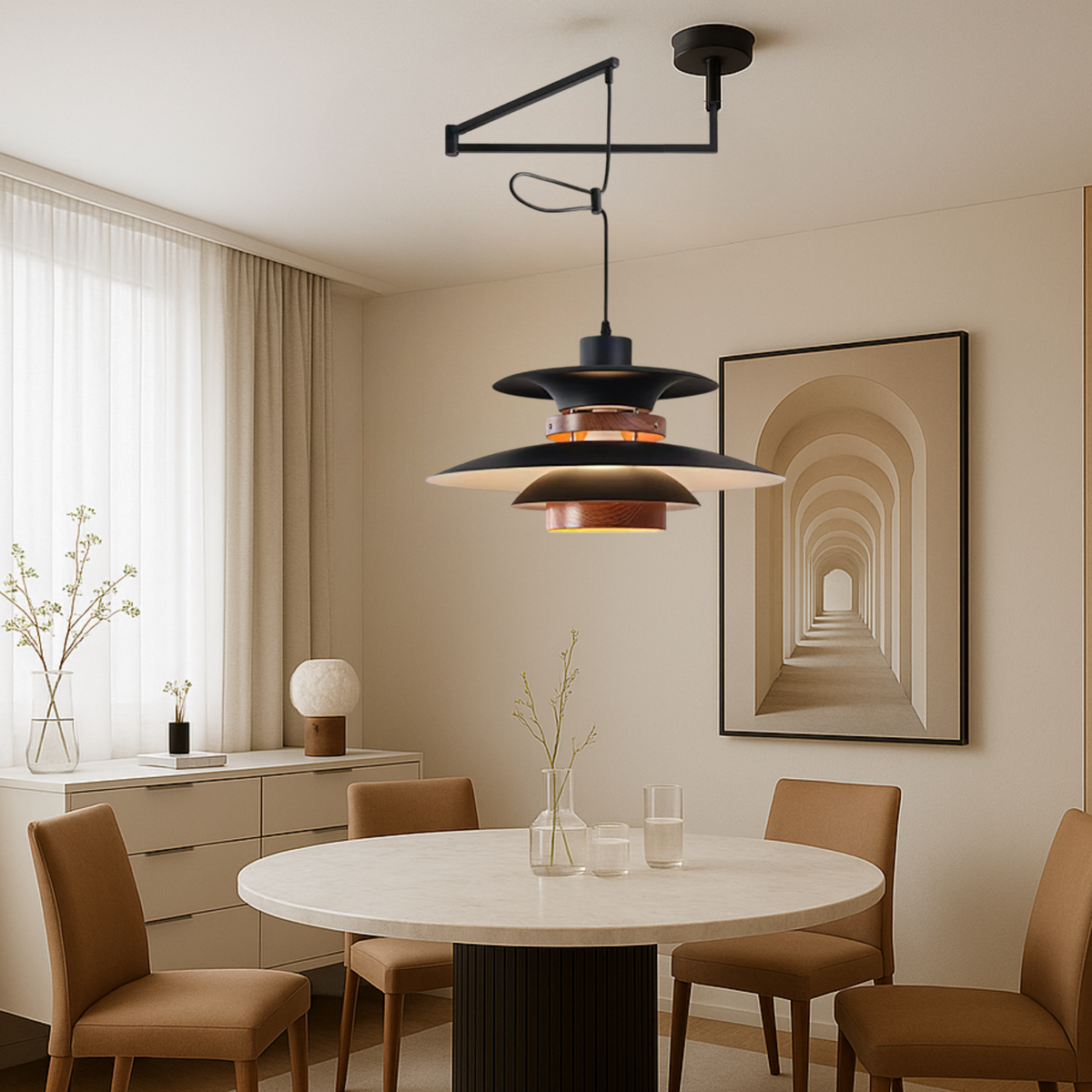 Lampa Wisząca na Wysięgniku z Metalu i Drewna, Cztery Klosze - Czarny