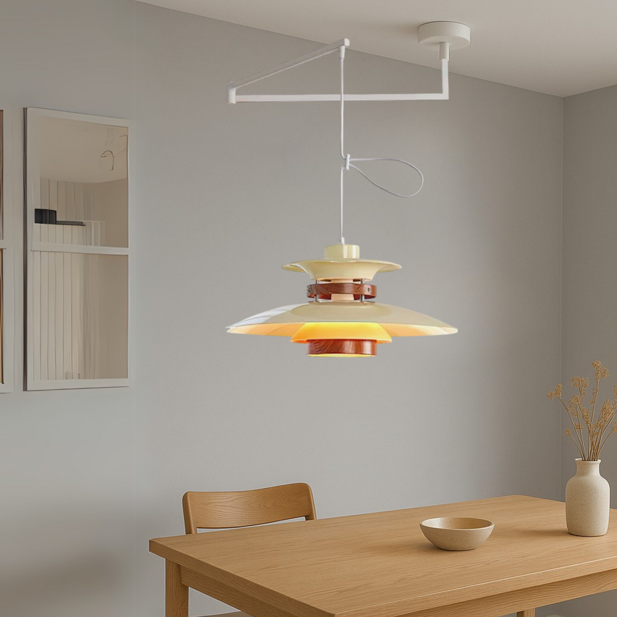 Lampa Wisząca na Wysięgniku z Metalu i Drewna, Cztery Klosze - 4