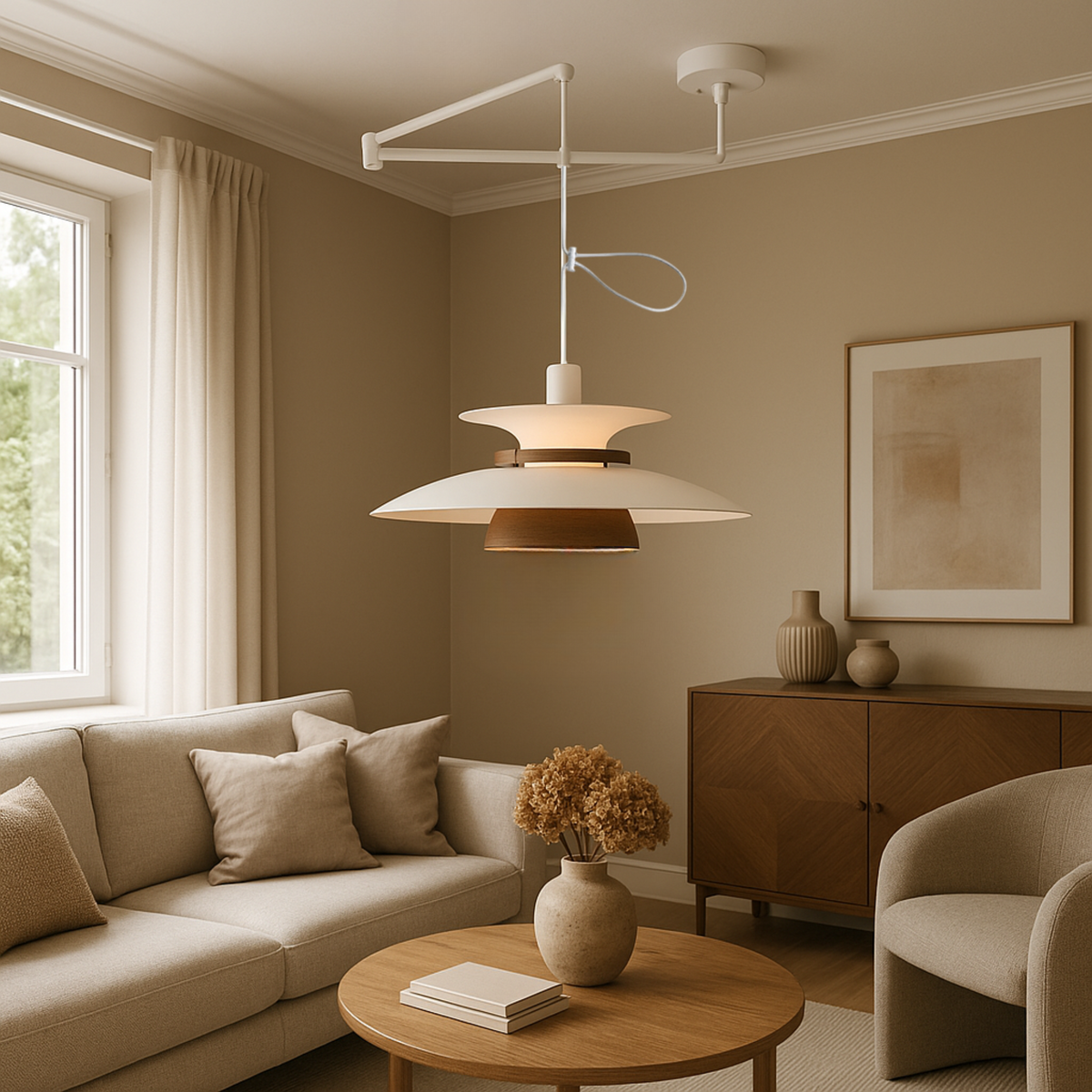 Lampa Wisząca na Wysięgniku z Metalu i Drewna, Cztery Klosze - 3