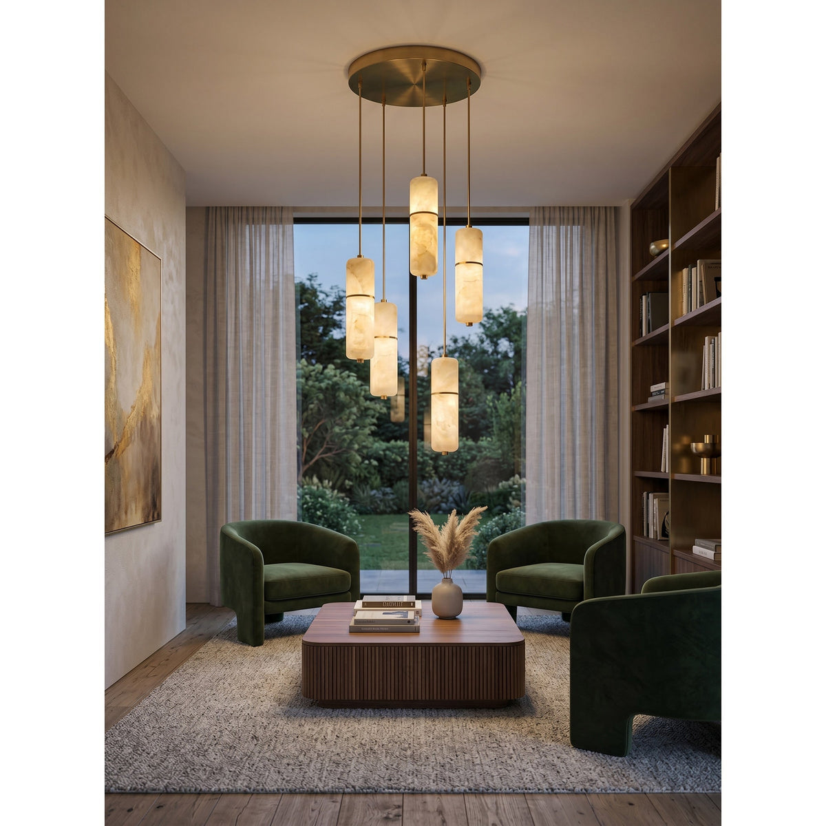 Lampa Wisząca Mosiężna z Kloszami w Stylu Alabastru - 11