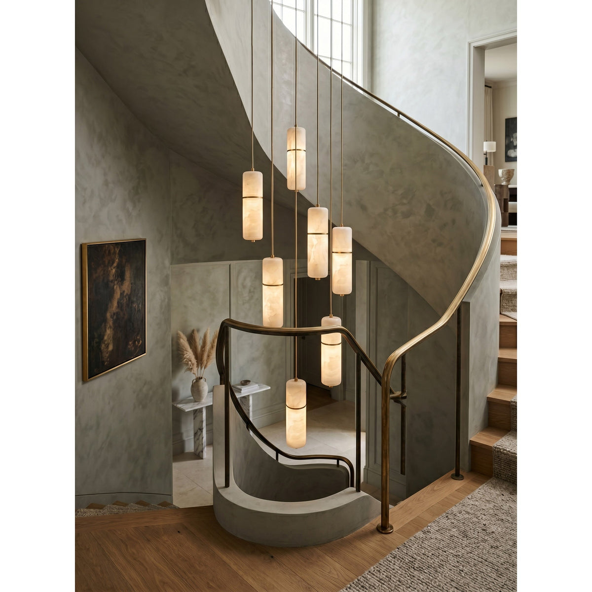 Lampa Wisząca Mosiężna z Kloszami w Stylu Alabastru - 12