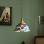 Lampa Wisząca Ceramiczna z Ręcznie Malowanym Kloszem Kwiatowym - Niebieskie stokrotki
