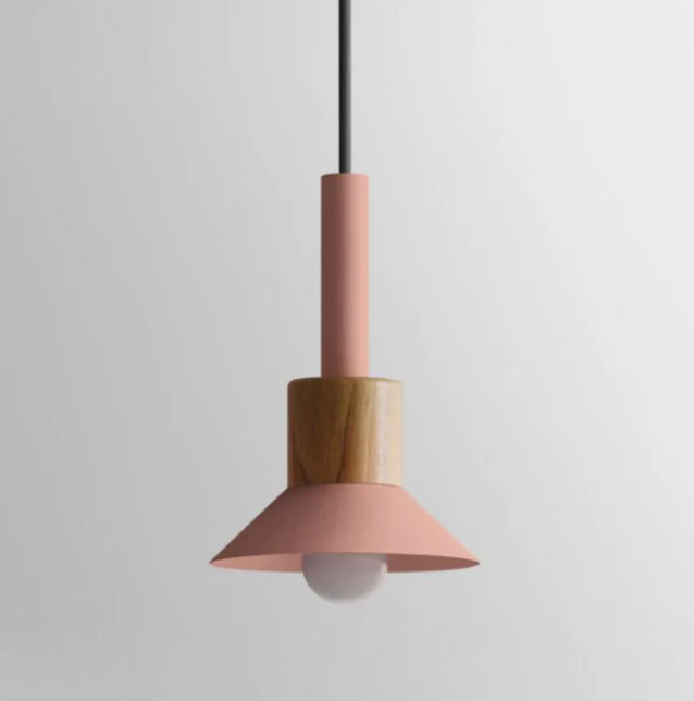 Lampa Wisząca Skandynawska Drewniana z Kolorowym Metalowym Kloszem - Różowy