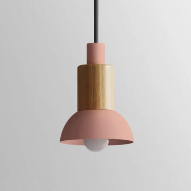 Lampa Wisząca Skandynawska Drewniana z Kolorowym Metalowym Kloszem - Różowy