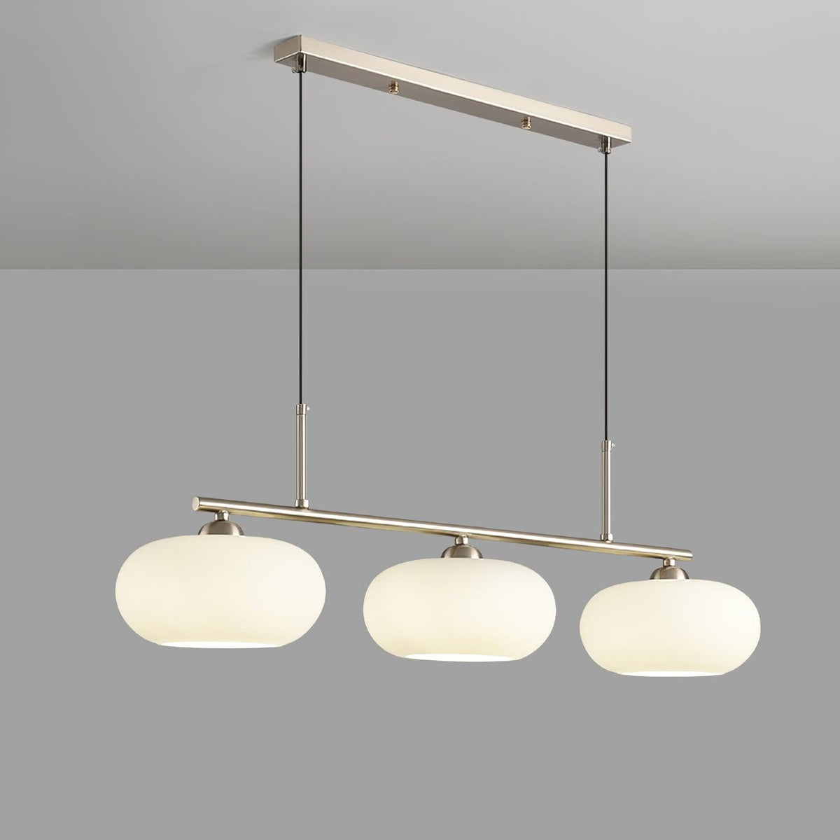 Lampa Wisząca Liniowa z Trzema Mlecznymi Kloszami - Nikiel