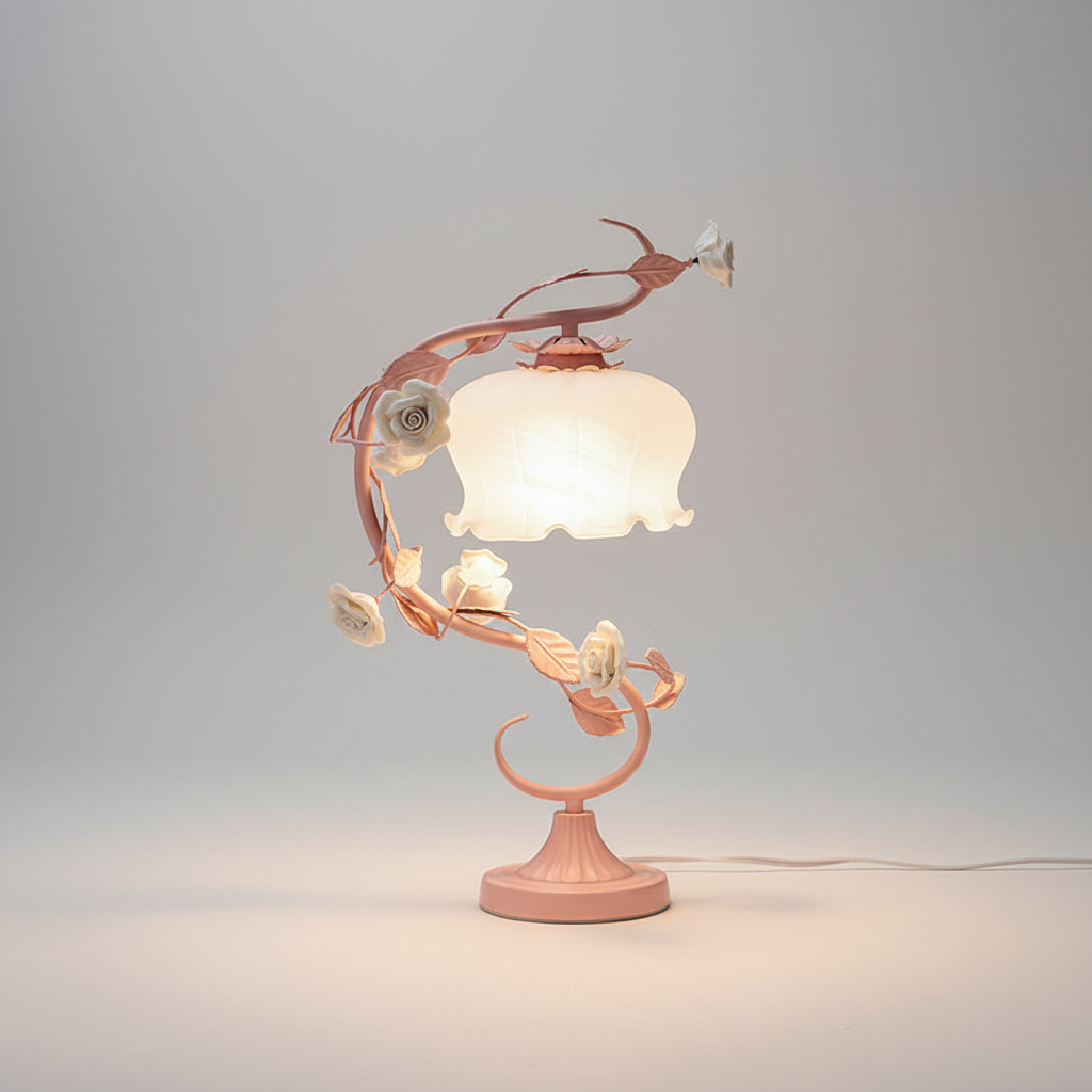 Lampa Stołowa Shabby Chic z Porcelanowymi Różami i Kloszem - 2
