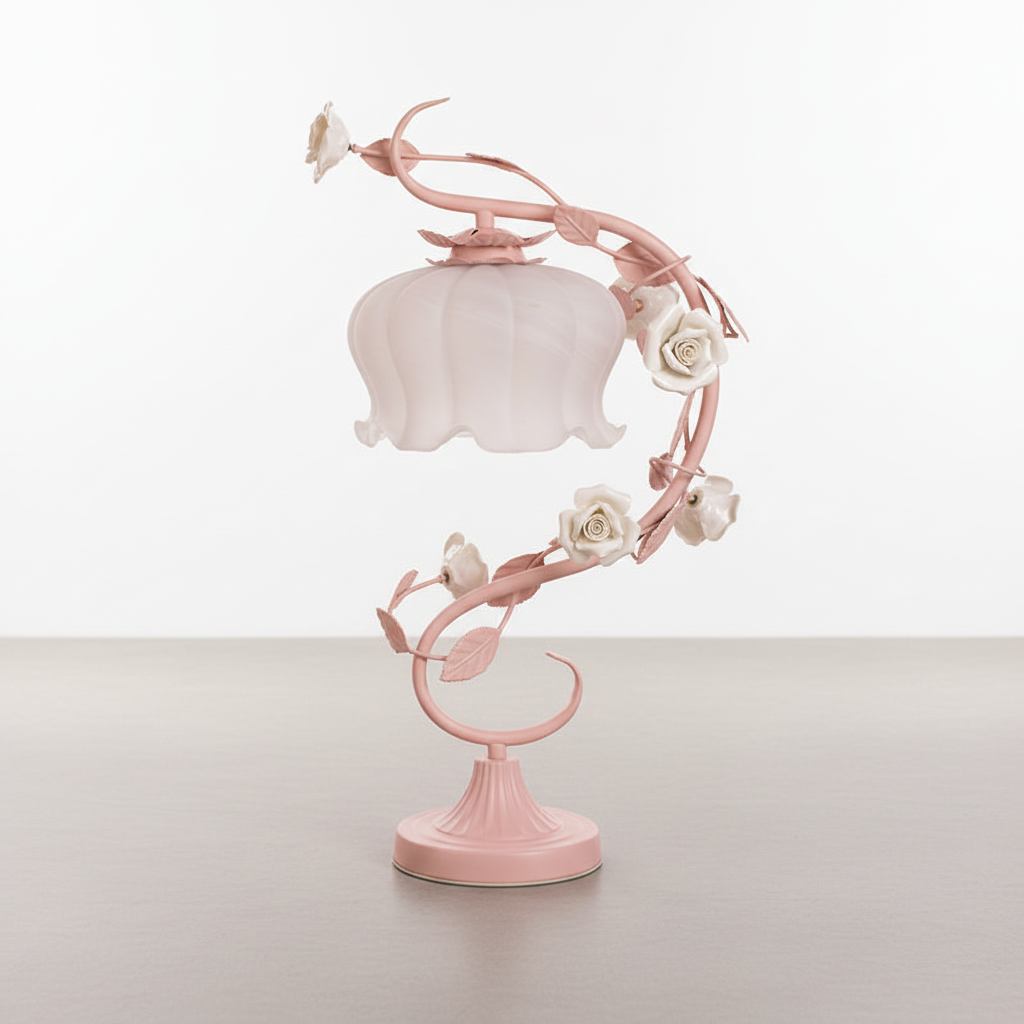 Lampa Stołowa Shabby Chic z Porcelanowymi Różami i Kloszem - Różowy