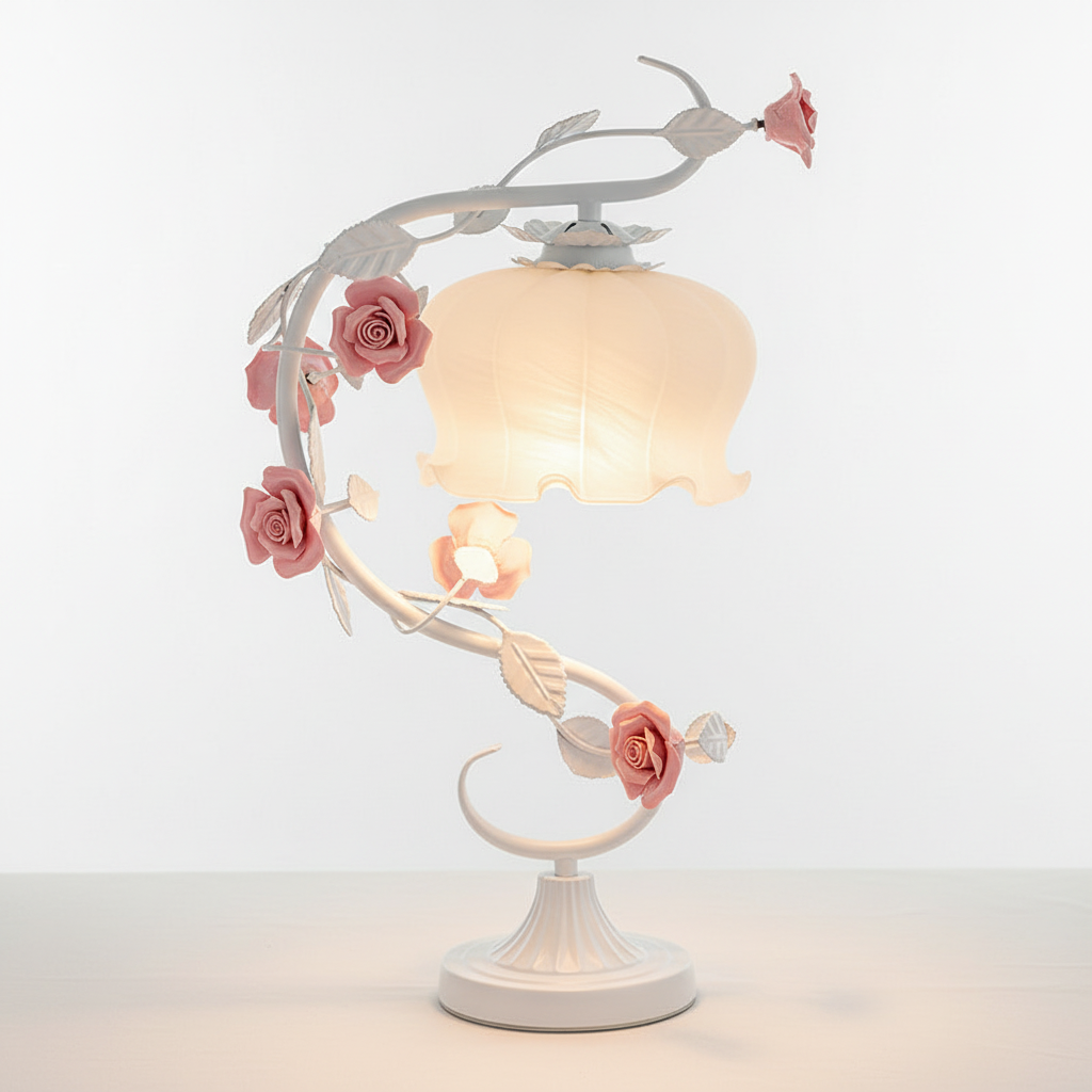 Lampa Stołowa Shabby Chic z Porcelanowymi Różami i Kloszem - Biały