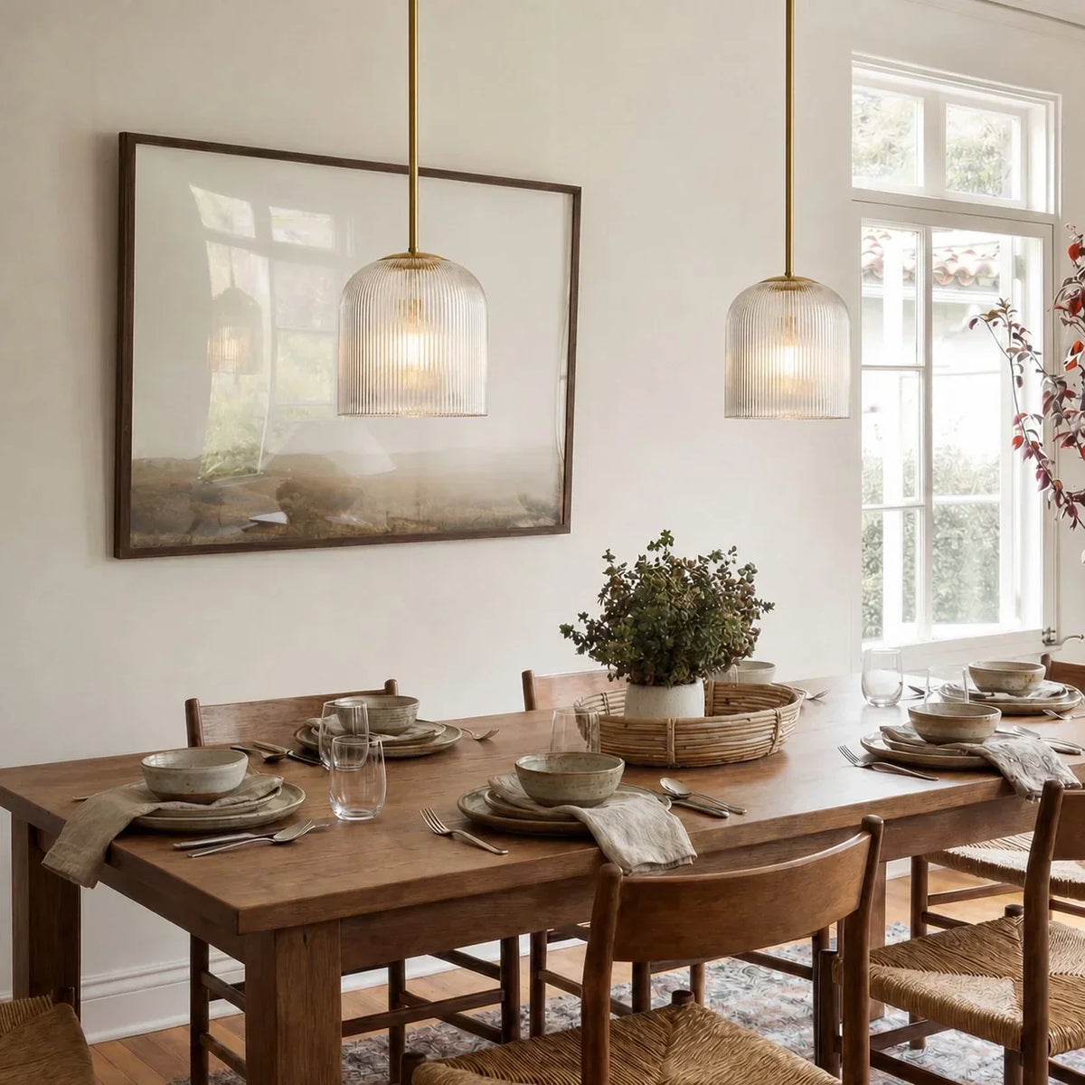Lampa Wisząca Szklana Prążkowana z Mosiężnym Wykończeniem - 4