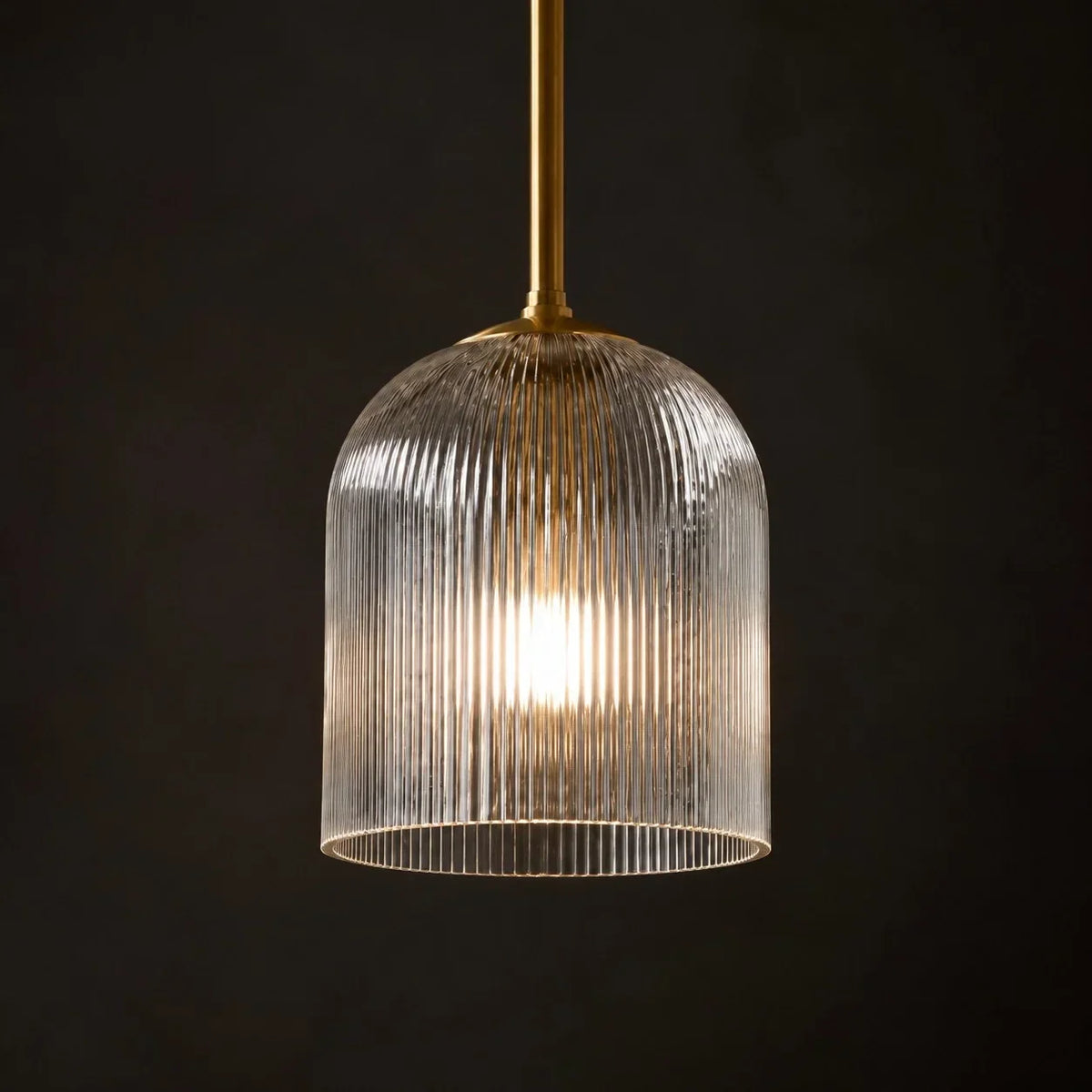 Lampa Wisząca Szklana Prążkowana z Mosiężnym Wykończeniem - 3