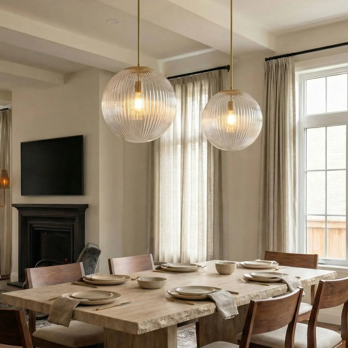 Lampa Wisząca Szklana Prążkowana z Mosiężnym Wykończeniem - 5