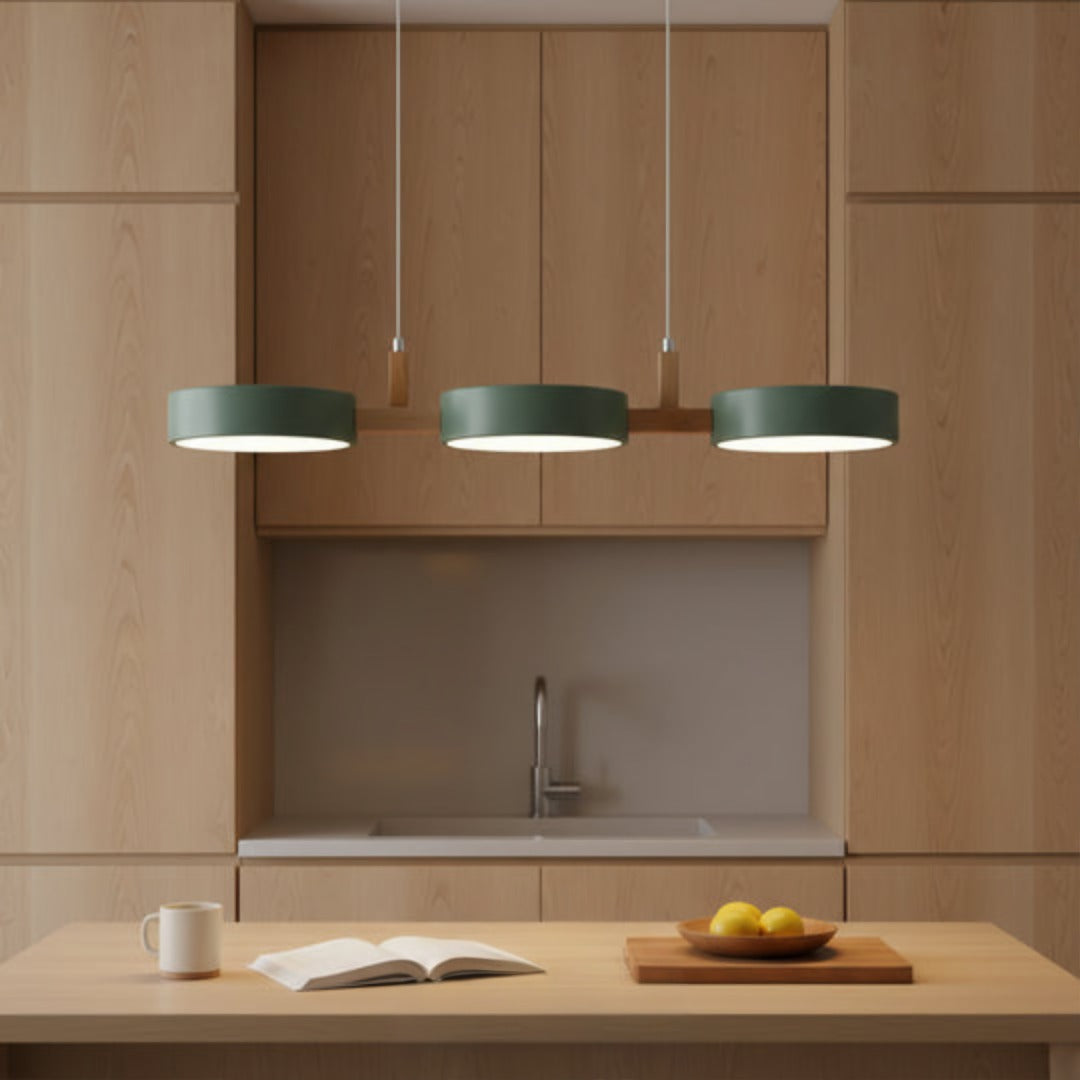Lampa Wisząca Okrągła LED z Drewnianymi Detalami - Zielony