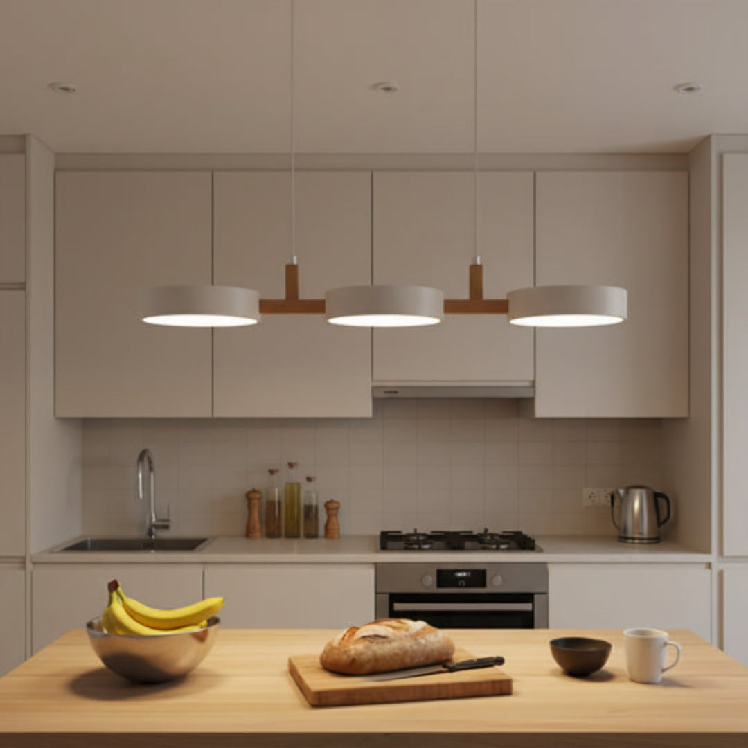 Lampa Wisząca Okrągła LED z Drewnianymi Detalami - Biały