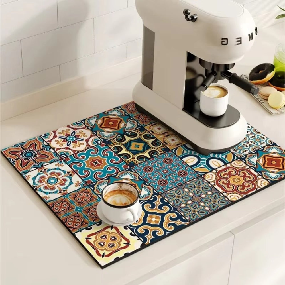 Mata Kuchenna Chłonna z Antypoślizgowym Spodem i Retro Wzorem Kafelek - Patchwork Mandala