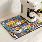 Mata Kuchenna Chłonna z Antypoślizgowym Spodem i Retro Wzorem Kafelek - Błękitny Patchwork