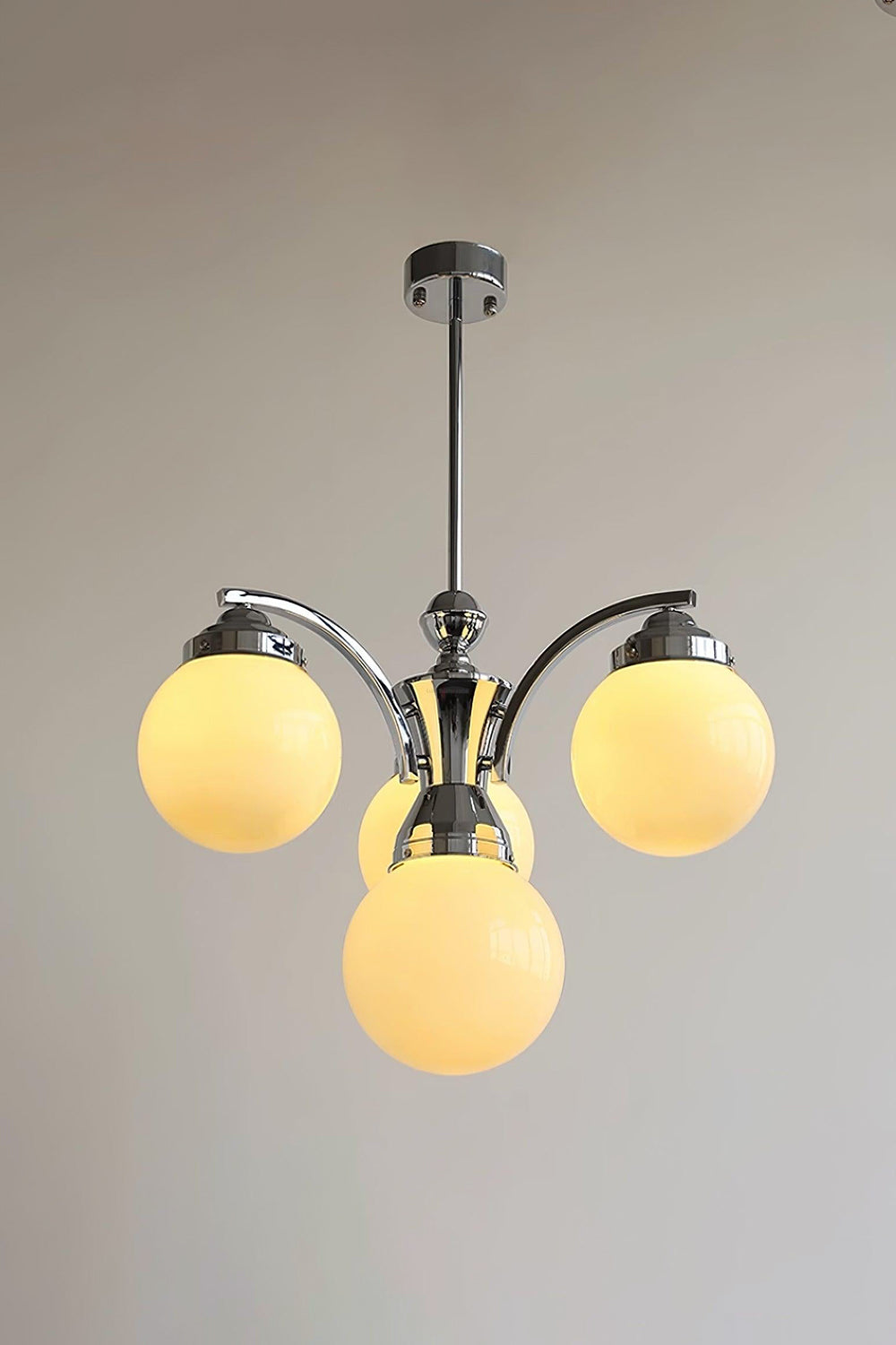 Lampa Wisząca Art Deco z Kulistymi Szklanymi Kloszami - Chrom i Beżowy